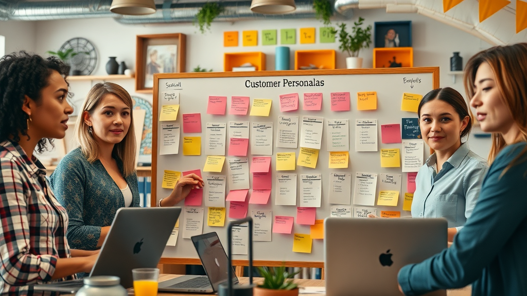 Diverse marketing team creating detailed customer personas, representing identifying and understanding your target audience in the marketing funnel