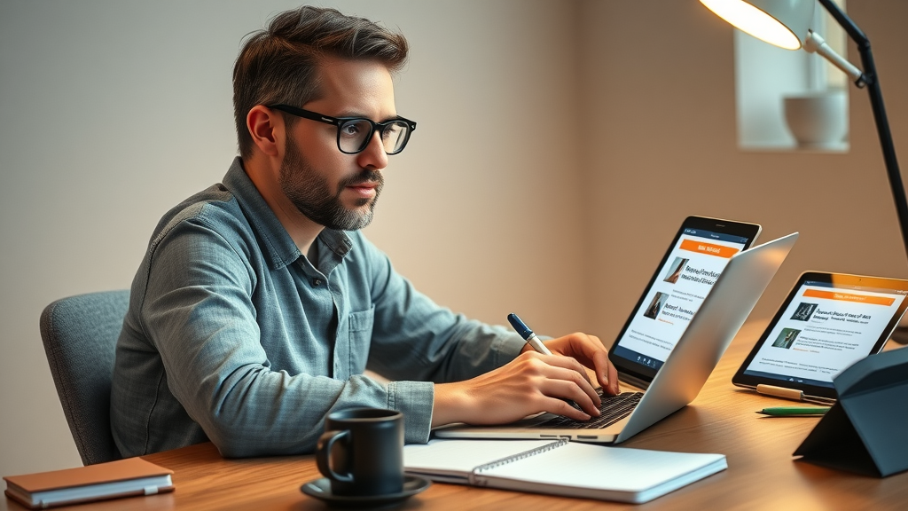 Copywriter typing funnel-stage specific offers on a laptop, showing how to craft offers and messaging for each marketing funnel stage