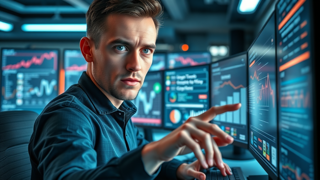 Digital advertiser analyzing traffic source data on monitors, demonstrating driving traffic to fill your marketing funnel