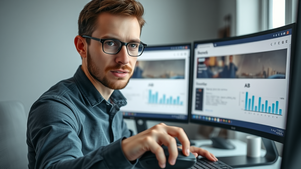 UX designer operating an A/B test tool comparing landing pages, showing continuous improvement in marketing funnel stages