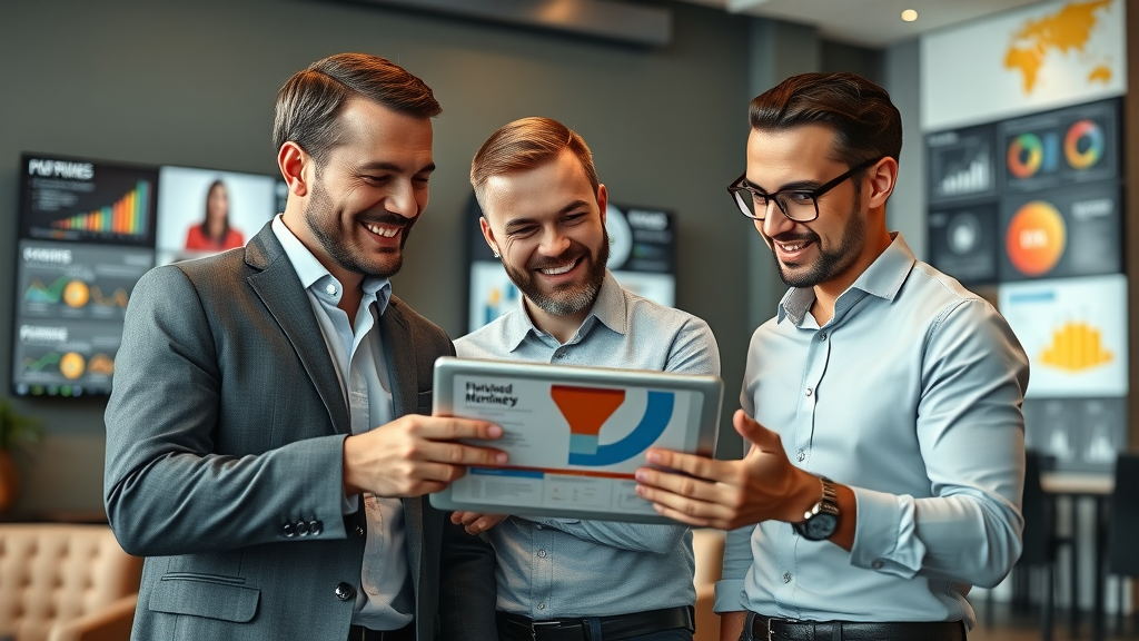 Business executives discussing real-world marketing funnel case studies, analyzing successful funnel strategies that convert