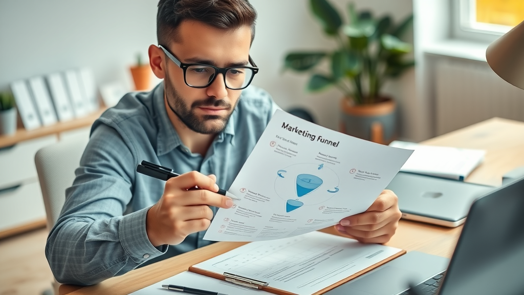 Marketing professional completing a printed checklist for marketing funnel creation, showing the essential elements of a high-converting funnel