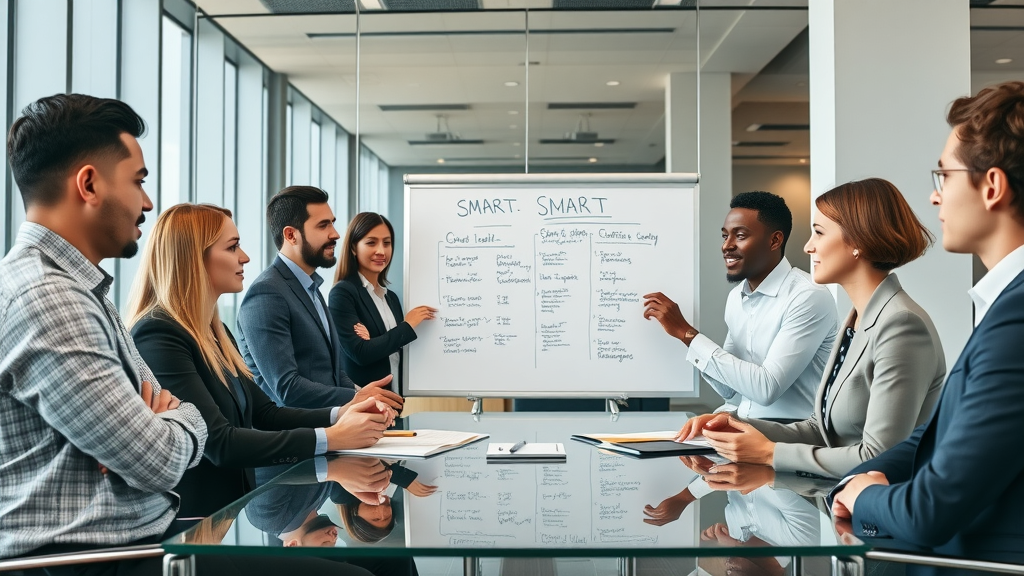 Marketing team discussing social media marketing strategy objectives