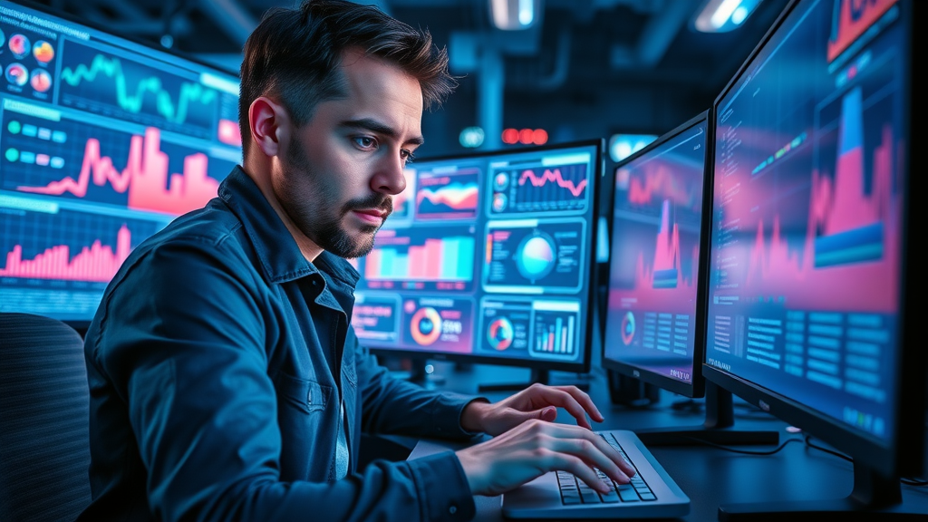 Marketer preparing visuals and analytics for social media marketing campaign