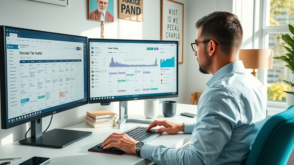 Marketer using social media management dashboards and analytics tools