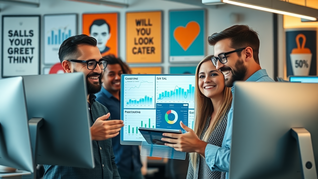 Collaborative office team analyzing sales and marketing funnel data