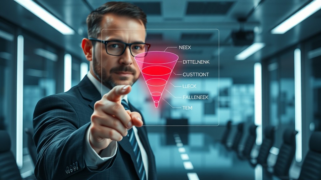 Manager pointing at bottleneck areas in sales and marketing funnel chart