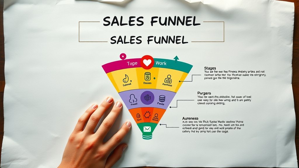 Colorful diagram showing 5 stages of the sales funnel from awareness to purchase