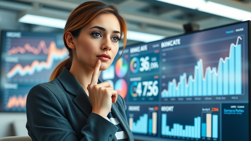 professional woman reviewing bounce rate metrics on a digital dashboard for marketing KPIs.