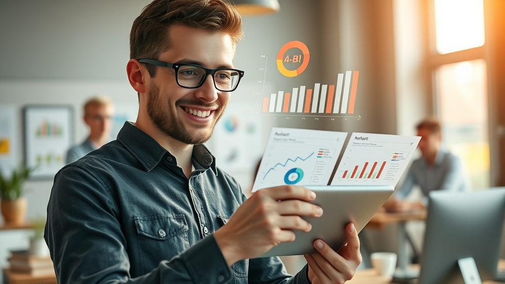 young marketing specialist conducting A/B testing on landing pages for conversion optimization.