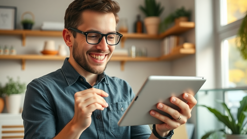 friendly small business owner viewing customer feedback and NPS for marketing KPIs.