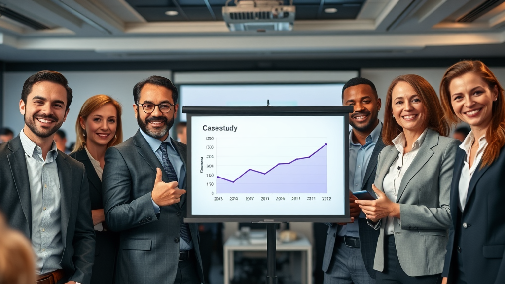 diverse business team presenting marketing success metrics with upward-trending KPI graphs.