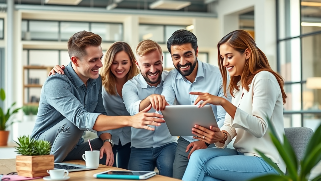 vibrant modern service business office team collaborating on instagram marketing strategy