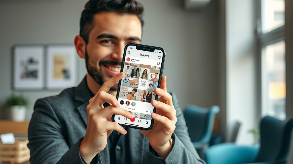 confident entrepreneur holding smartphone with business Instagram post and engagement
