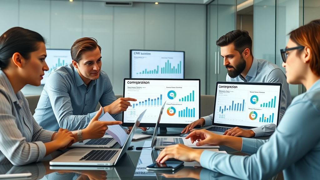 diverse professionals analyzing CRM comparison charts on laptop screens reviewing features of top crm tools for capturing leads