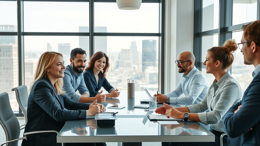 professional business team discussing lead nurturing strategies for service providers in a modern office with cityscape view, collaborating around a table