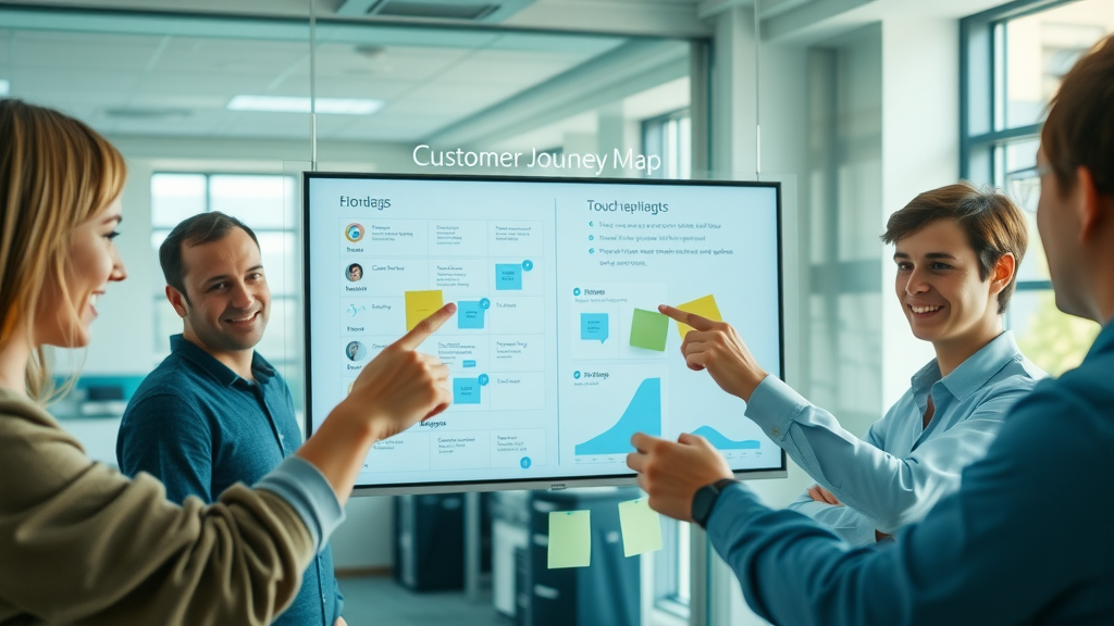 creative customer journey map with team pointing to digital touchpoints for lead nurturing strategies in service providers