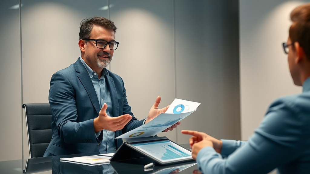 confident consultant presenting lead nurturing best practices to service provider client with data charts and tablet