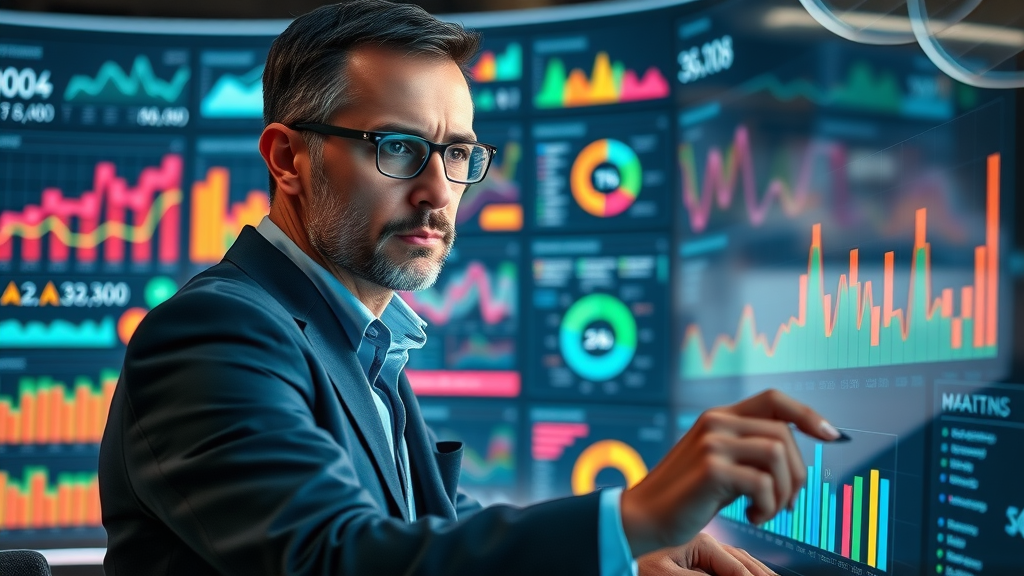 experienced business strategist analyzing segmentation data on interactive digital dashboard for lead nurturing strategies