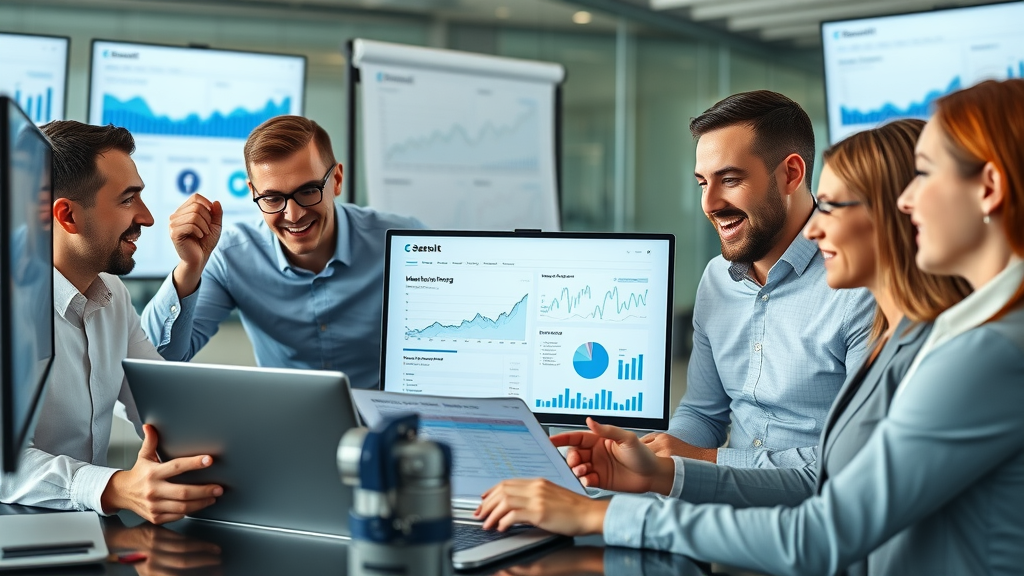 dynamic group of business professionals analyzing digital marketing dashboards, enthusiastic expressions, collaborating over marketing analytics displayed on laptops and large screens, Facebook marketing strategies office, social media icons