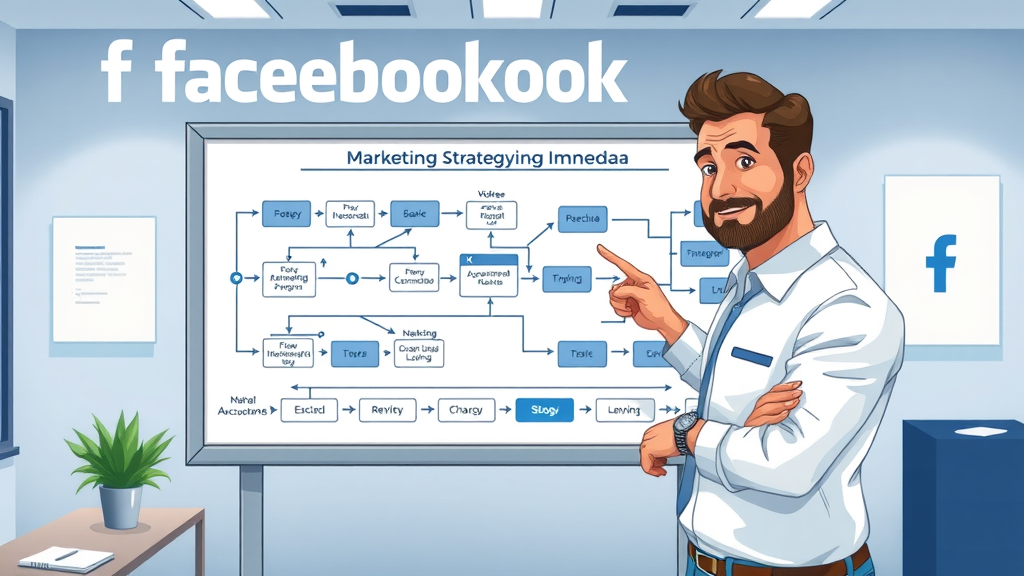 organized flowchart of facebook marketing strategy fundamentals, expert marketer explaining facebook algorithm, blue and white themed office, Facebook marketing fundamentals