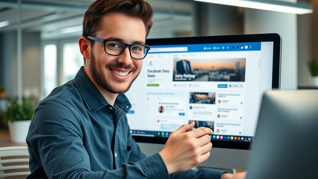 professional close-up of a well-designed Facebook business page, satisfied business owner, Facebook marketing strategies for business page