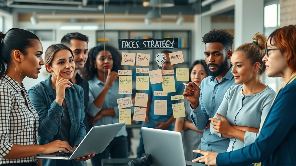 diverse marketing team brainstorming facebook strategy, writing SMART goals, Facebook marketing planning office scene