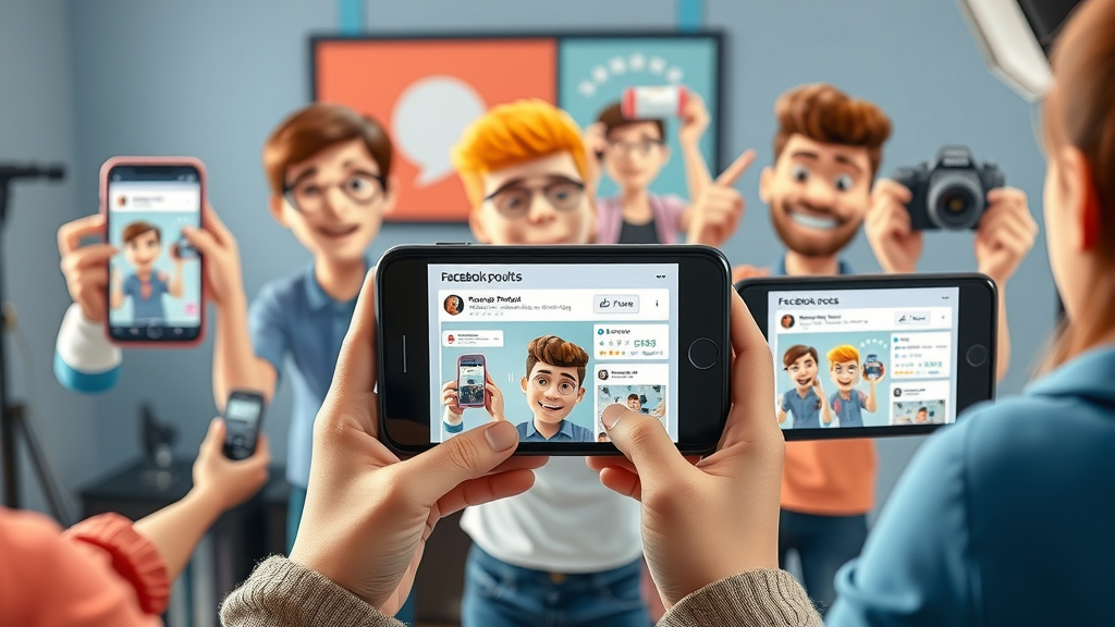 engaging variety of Facebook post types on smartphone screens, cheerful content creators, Effective facebook marketing strategies