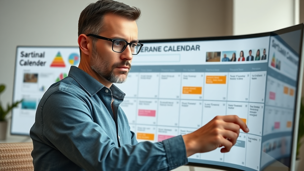 strategic social media manager organizing content calendar, Facebook marketing content strategy, digital planner