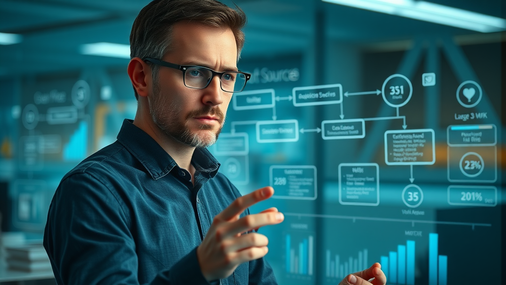 analytical marketer examining lead source flowchart with generation tool dashboard overlays