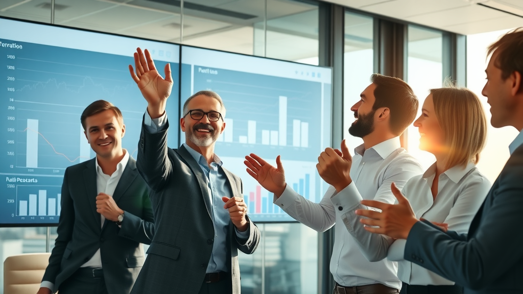 successful sales team reviewing performance graphs on best tools for tracking lead sources digital wallboard