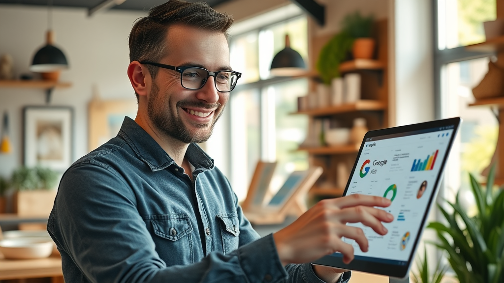 Confident small business owner reviewing Google Ads dashboard for local business success