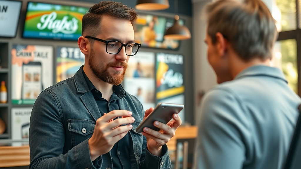 Tech-savvy local business owner shows targeted Google Ads to a local customer in a cafe