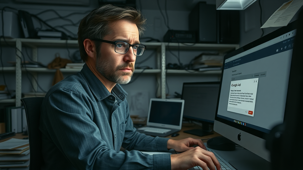 Frustrated marketer reviewing misconfigured Google Ads settings for a local campaign