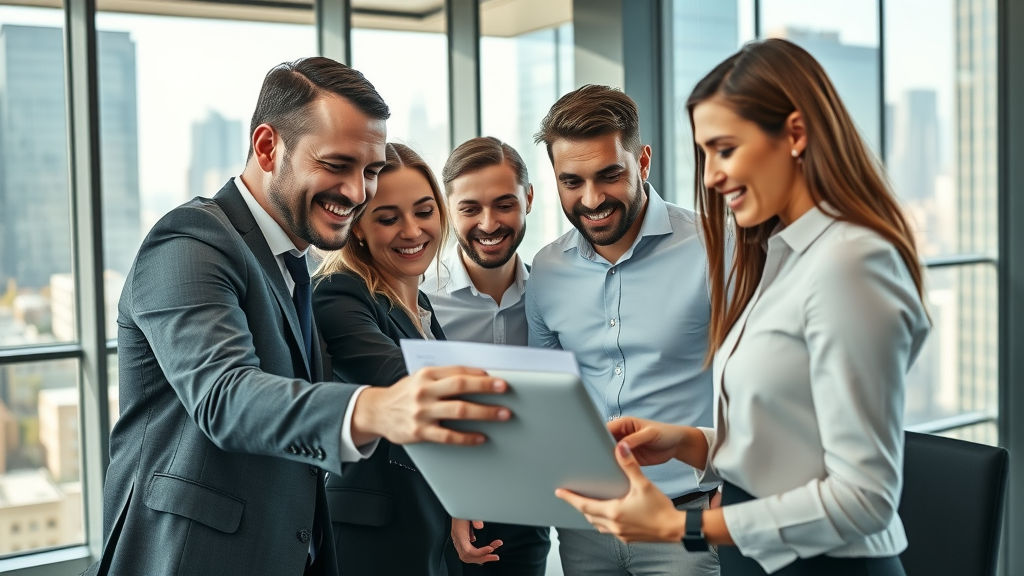 Dynamic team of professional service providers collaborating on a content marketing strategy in a modern office setting
