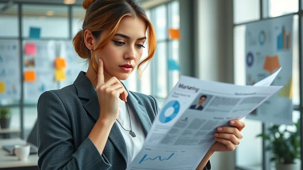 Marketing professional analyzing client personas and data charts for content marketing strategy in a modern office