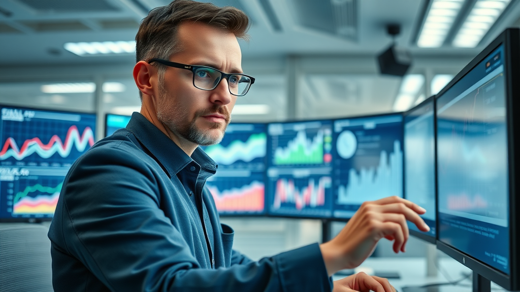 Professional marketer setting KPIs for content marketing plan on a digital dashboard in a high-tech office