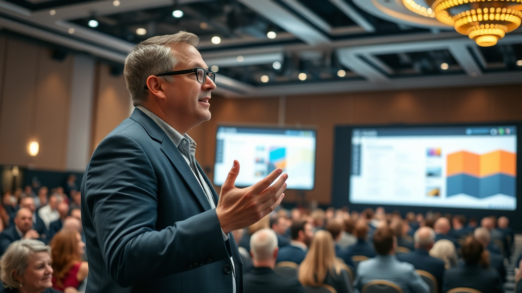 Consultant delivering a thought leadership presentation at a professional conference, highlighting content marketing strategy