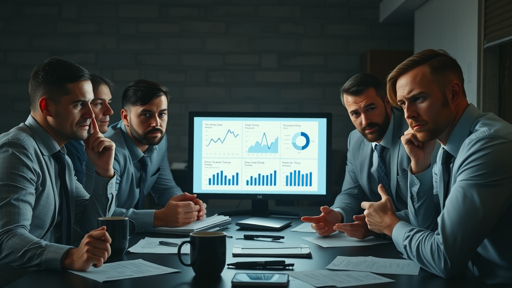 Business team reviewing underperforming content marketing analytics, learning from mistakes in strategy for service providers