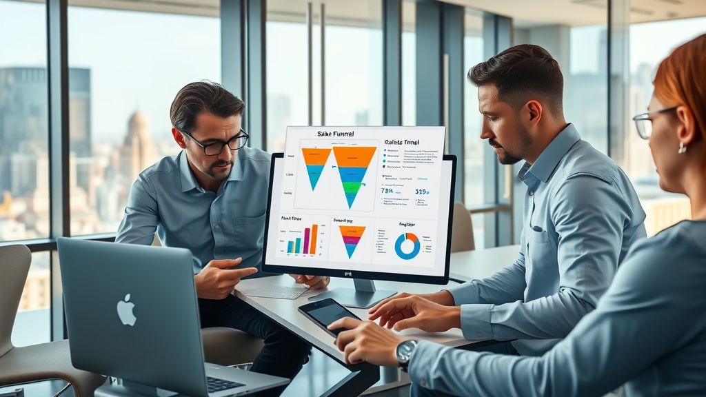 funnel tracking tools for small business - team analyzing sales funnel diagrams in modern office