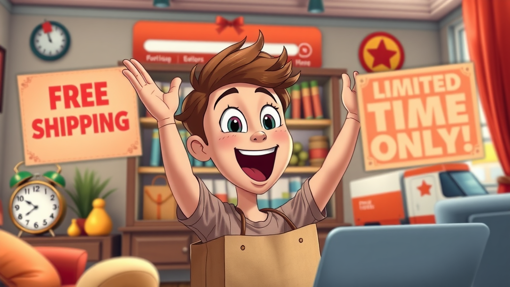 shopper excited by free shipping and limited time offer banners for higher conversion rates