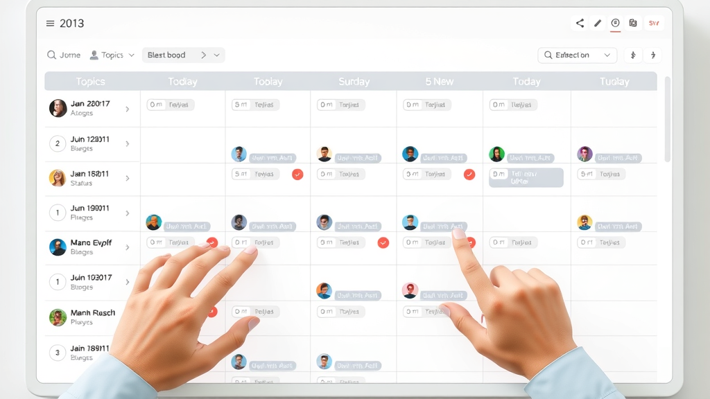 digital content calendar with topics, dates, platforms, and status updates visible
