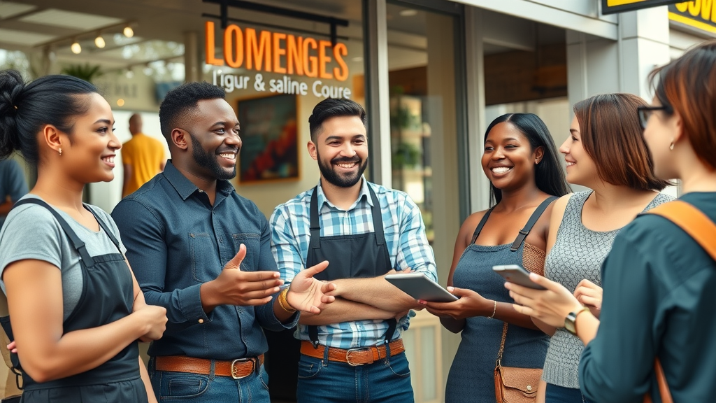 content strategy for local businesses - vibrant diverse business owners engaging with customers outside a well-branded local storefront