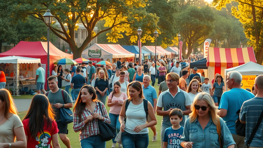local event marketing - local business at lively community event with families, vibrant movement, and business stalls