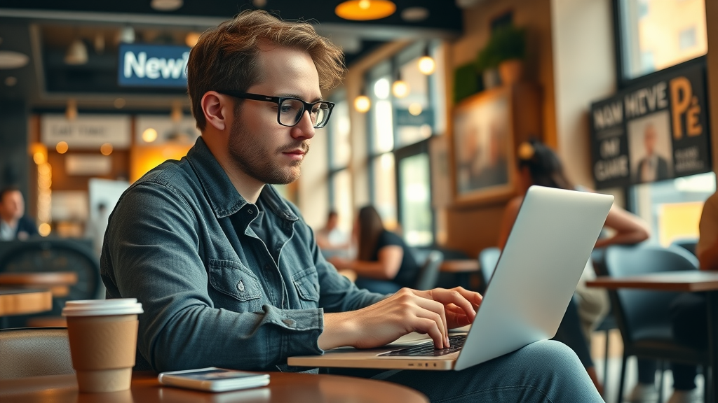 local content creation - freelancer editing blog post about local businesses in a trendy café setting