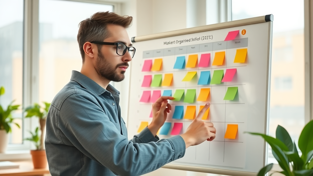 content planning for local businesses - marketer organizing sticky notes on a color-coded editorial calendar in a bright office