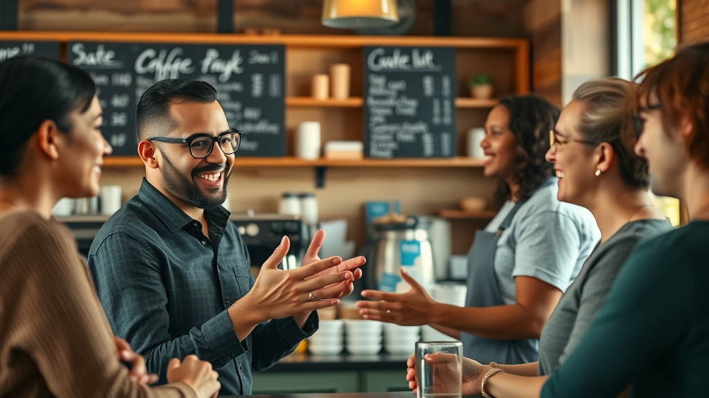 local business content strategy - barista sharing a story with café customers in a cozy, lifelike setting