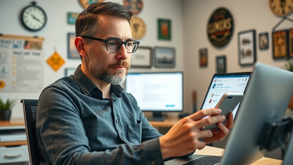 content strategy feedback - local business owner reading online customer feedback on multiple devices in a modern office