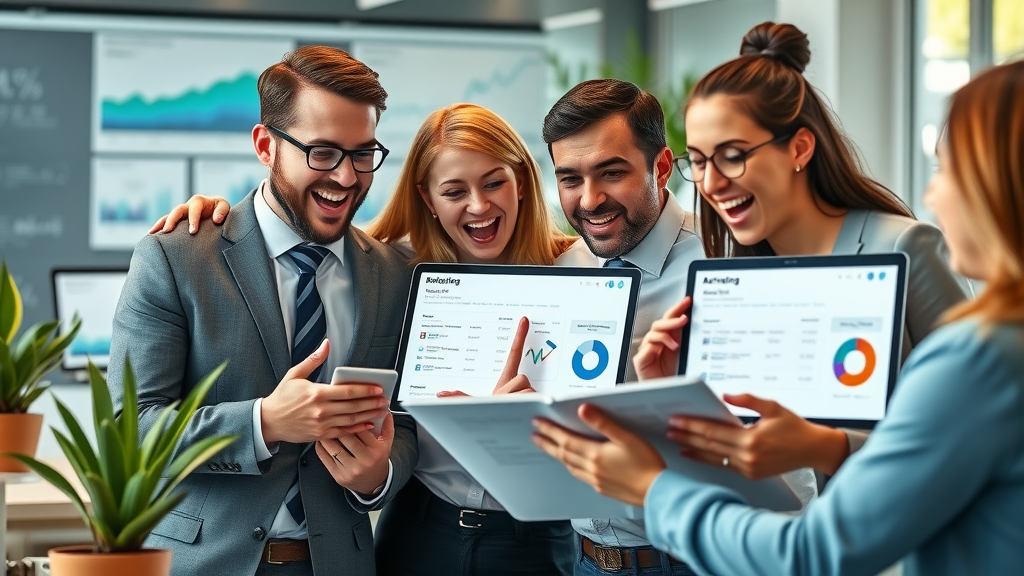 business professionals analyzing email marketing strategies that convert leads, digital office environment