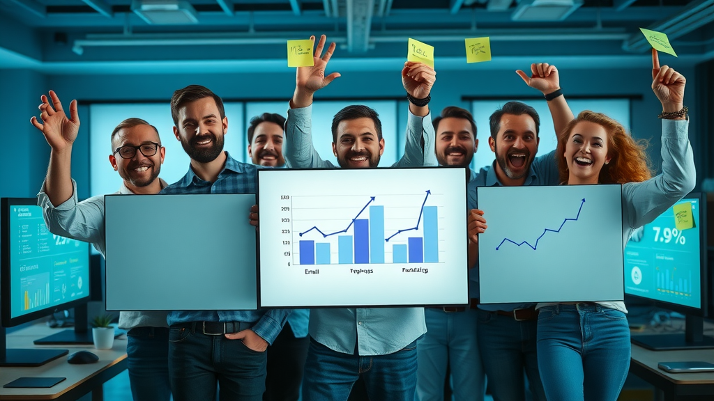 marketing team analyzing email marketing campaign lead generation results with upward graphs